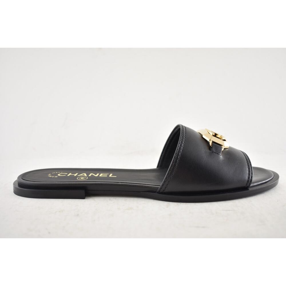 Chanel 23B Black Shiny Calfskin Leather Gold CC Logo Mule Slides Sandals Flat 38 - Picture 2 of 16